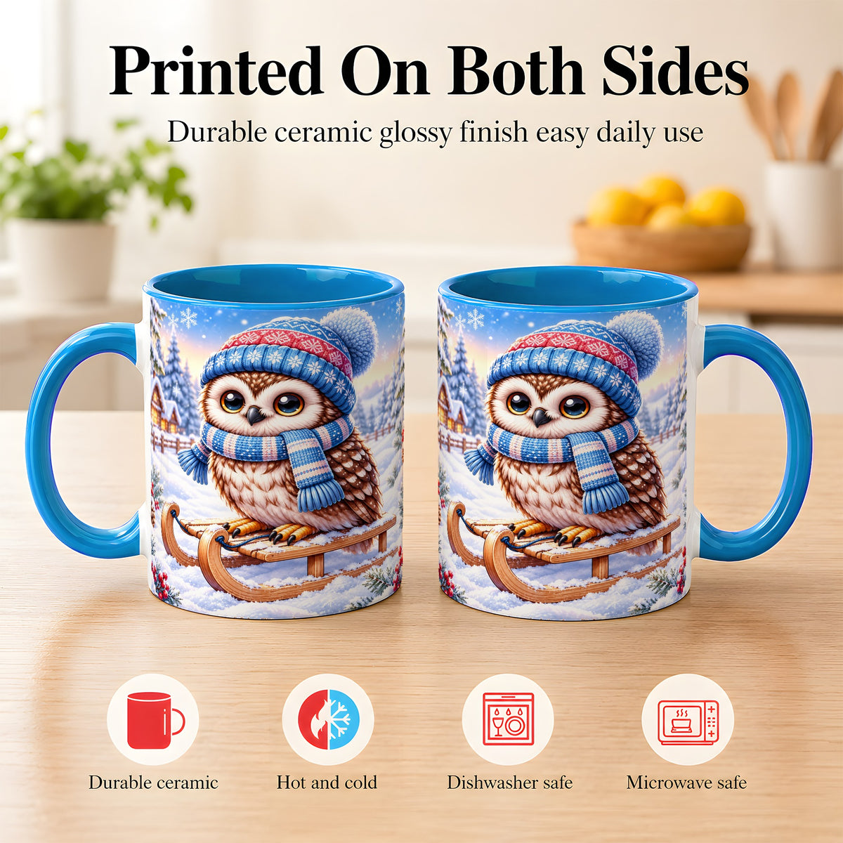 #pl[11oz|Blue] Winter Owl Coffee Mug, Cozy Sled Owl Mug, Ceramic Cup