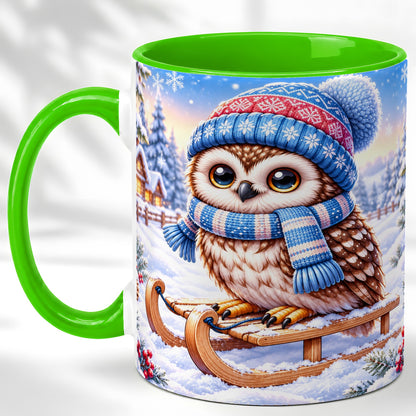 #pl[11oz|Green] Winter Owl Coffee Mug, Cozy Sled Owl Mug, Ceramic Cup