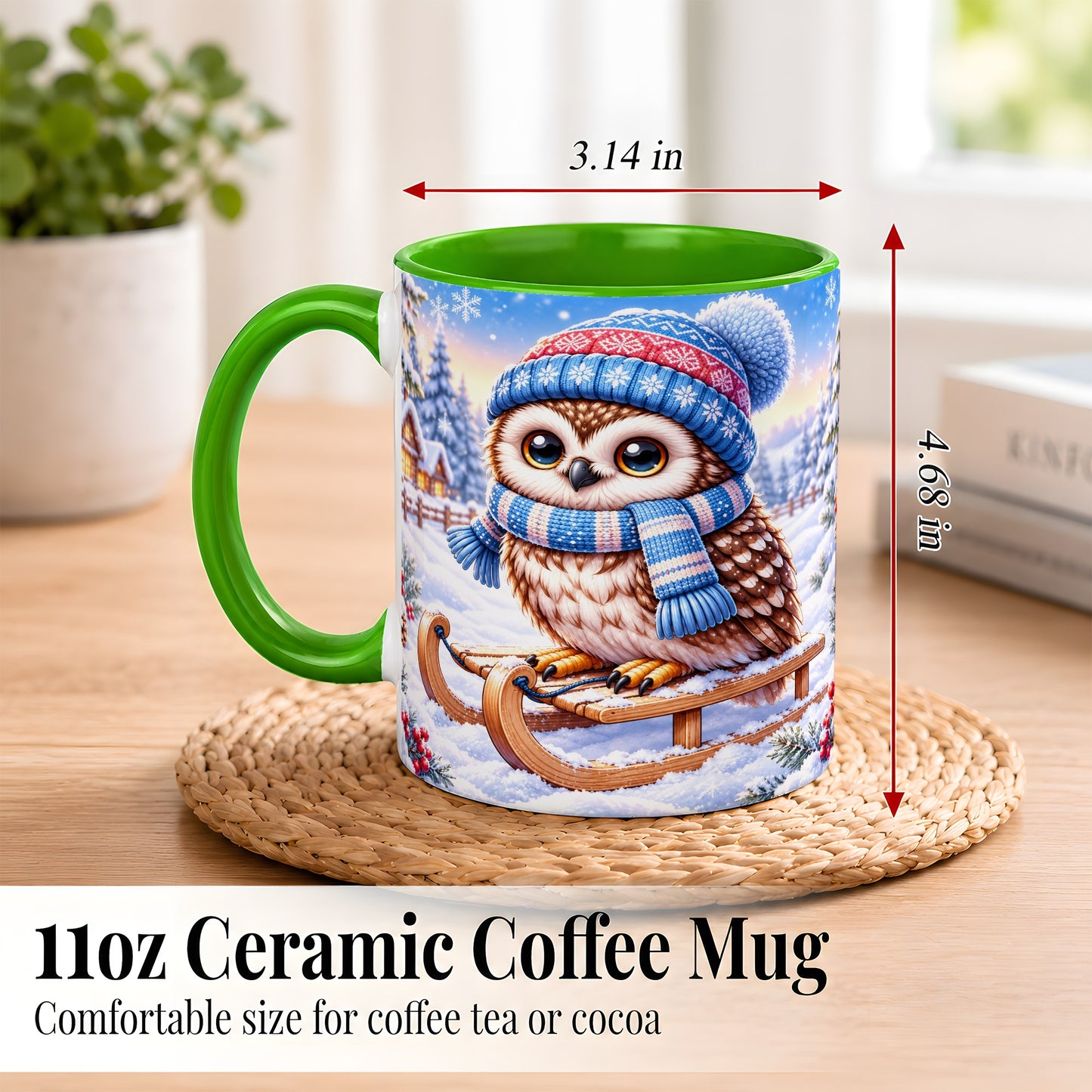 #pl[11oz|Green] Winter Owl Coffee Mug, Cozy Sled Owl Mug, Ceramic Cup