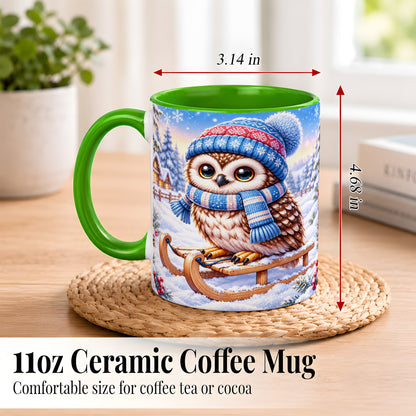 #pl[11oz|Green] Winter Owl Coffee Mug, Cozy Sled Owl Mug, Ceramic Cup