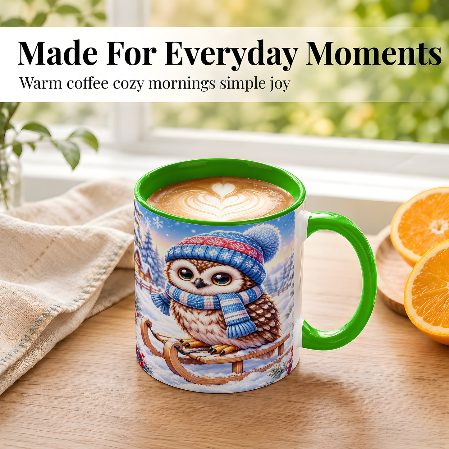 #pl[11oz|Green] Winter Owl Coffee Mug, Cozy Sled Owl Mug, Ceramic Cup