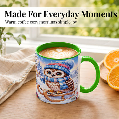 #pl[11oz|Green] Winter Owl Coffee Mug, Cozy Sled Owl Mug, Ceramic Cup