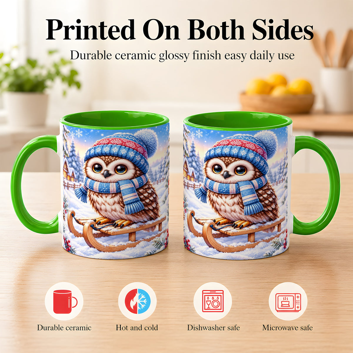 #pl[11oz|Green] Winter Owl Coffee Mug, Cozy Sled Owl Mug, Ceramic Cup