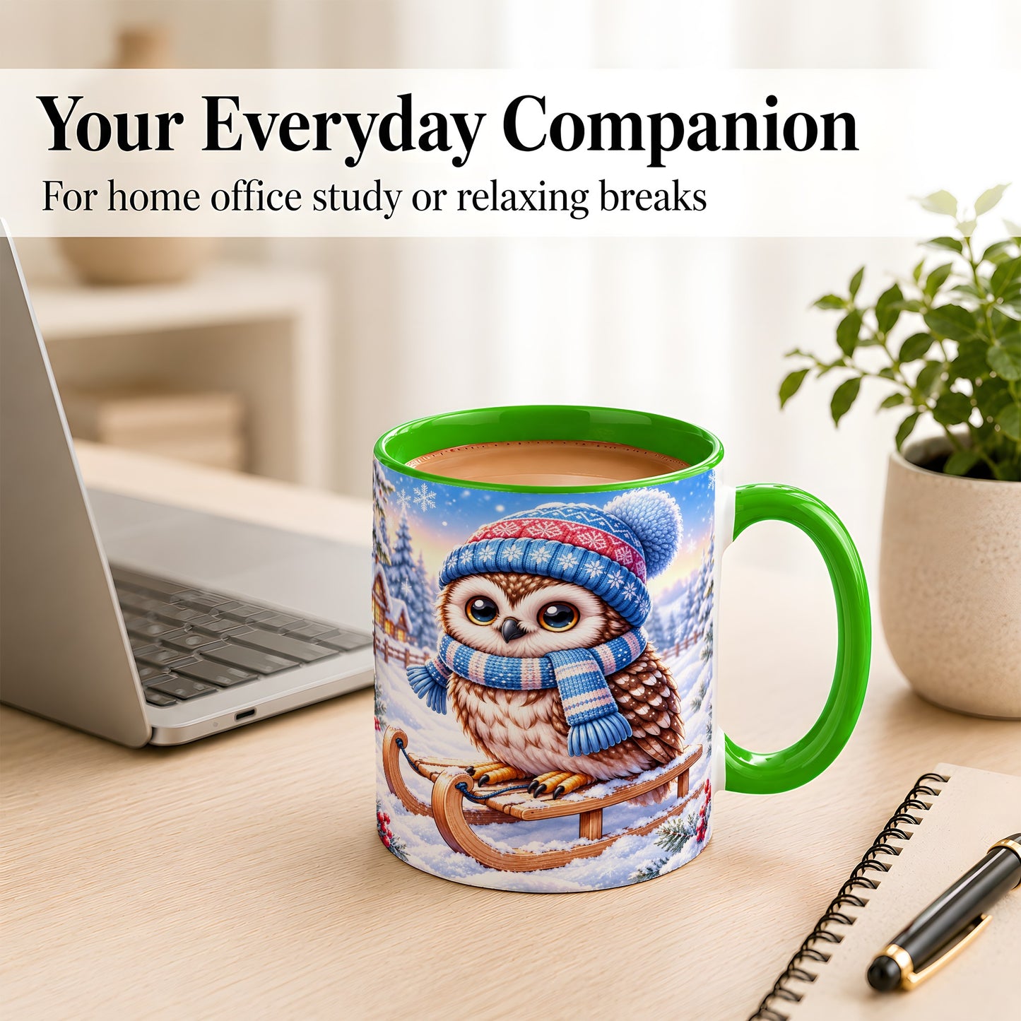 #pl[11oz|Green] Winter Owl Coffee Mug, Cozy Sled Owl Mug, Ceramic Cup