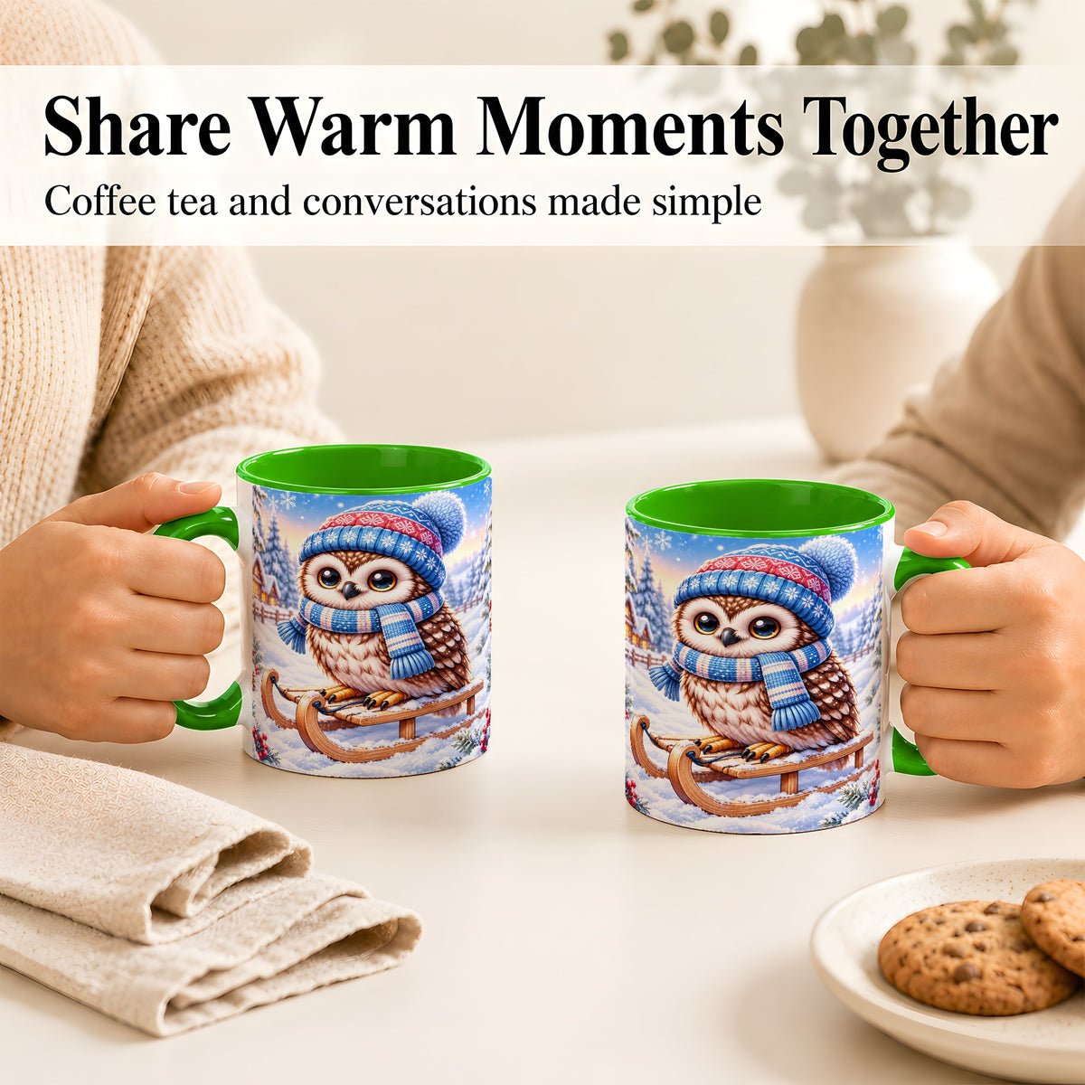 #pl[11oz|Green] Winter Owl Coffee Mug, Cozy Sled Owl Mug, Ceramic Cup