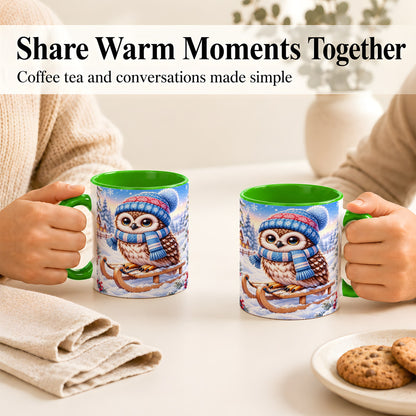 #pl[11oz|Green] Winter Owl Coffee Mug, Cozy Sled Owl Mug, Ceramic Cup