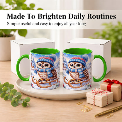 #pl[11oz|Green] Winter Owl Coffee Mug, Cozy Sled Owl Mug, Ceramic Cup