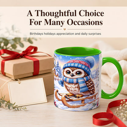 #pl[11oz|Green] Winter Owl Coffee Mug, Cozy Sled Owl Mug, Ceramic Cup