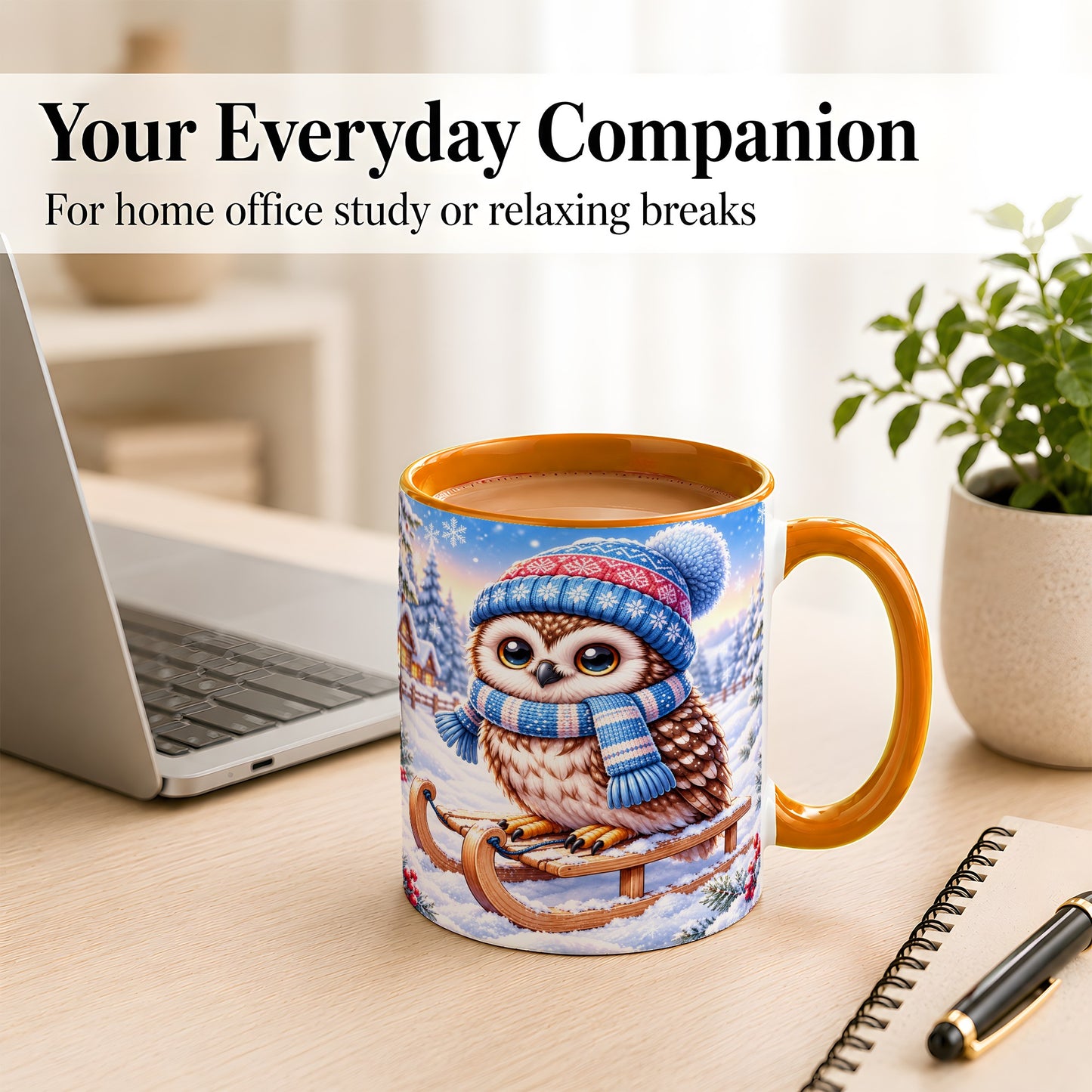 #pl[11oz|Orange] Winter Owl Coffee Mug, Cozy Sled Owl Mug, Ceramic Cup