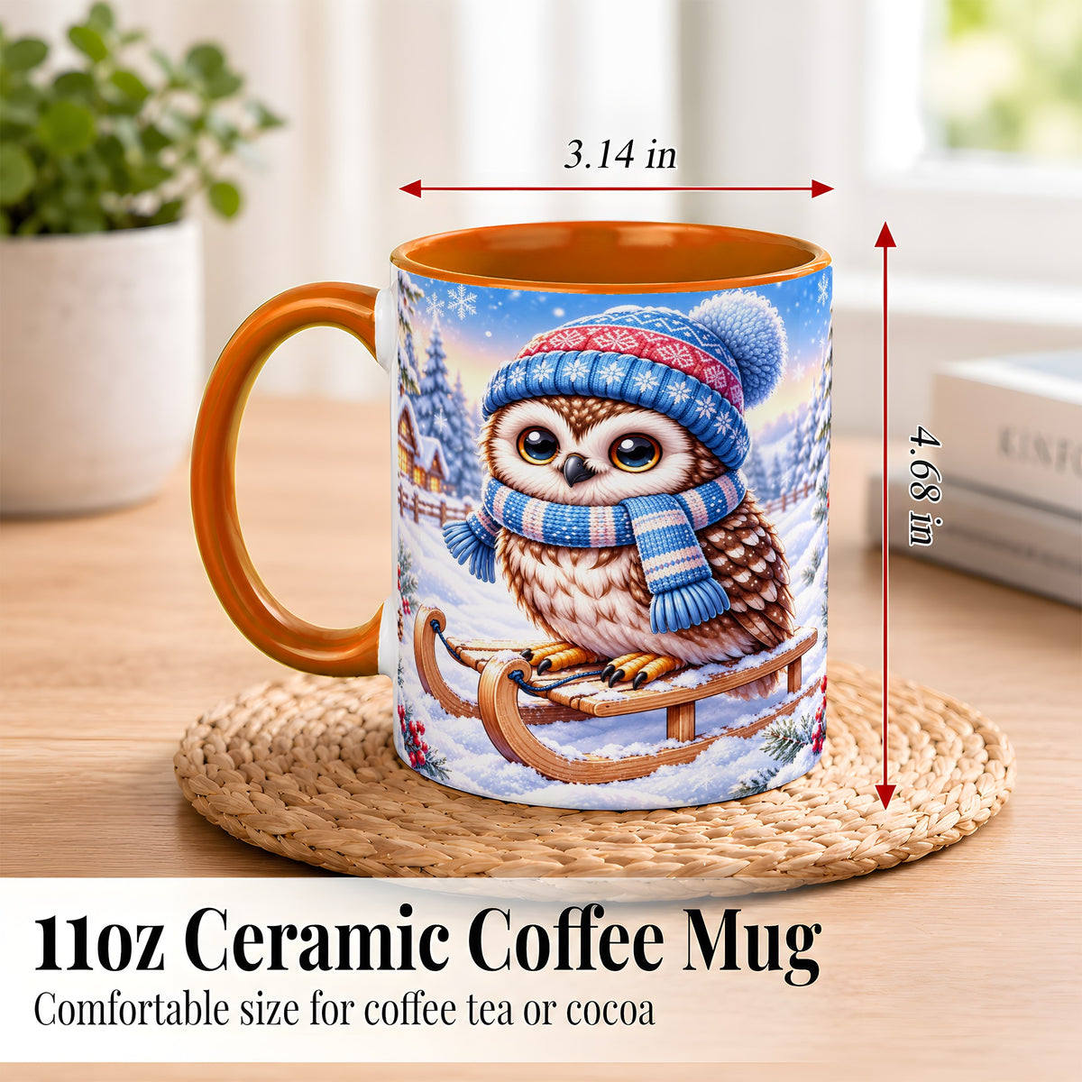 #pl[11oz|Orange] Winter Owl Coffee Mug, Cozy Sled Owl Mug, Ceramic Cup