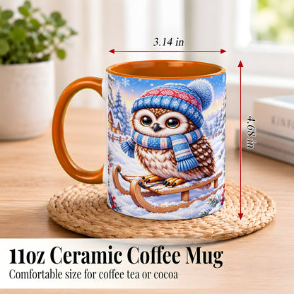 #pl[11oz|Orange] Winter Owl Coffee Mug, Cozy Sled Owl Mug, Ceramic Cup