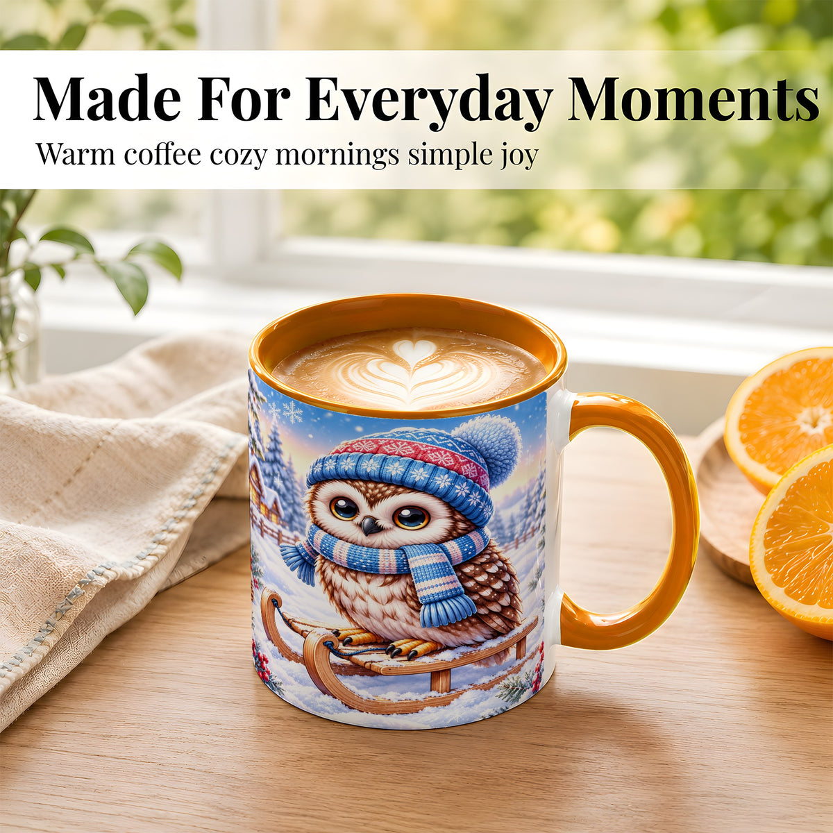 #pl[11oz|Orange] Winter Owl Coffee Mug, Cozy Sled Owl Mug, Ceramic Cup