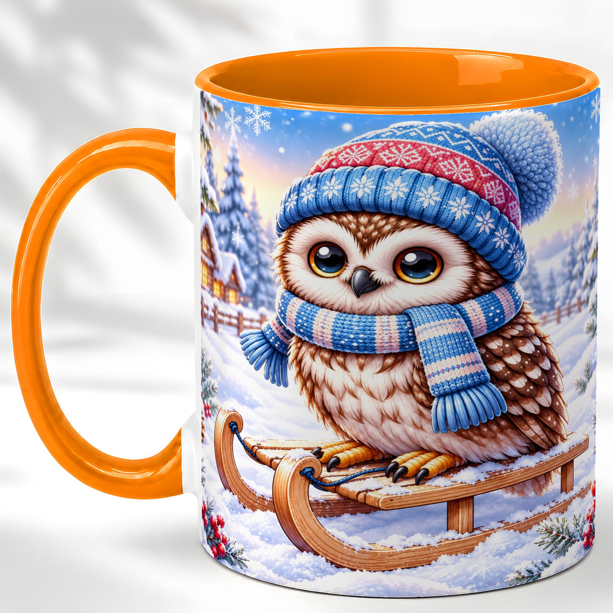 #pl[11oz|Orange] Winter Owl Coffee Mug, Cozy Sled Owl Mug, Ceramic Cup
