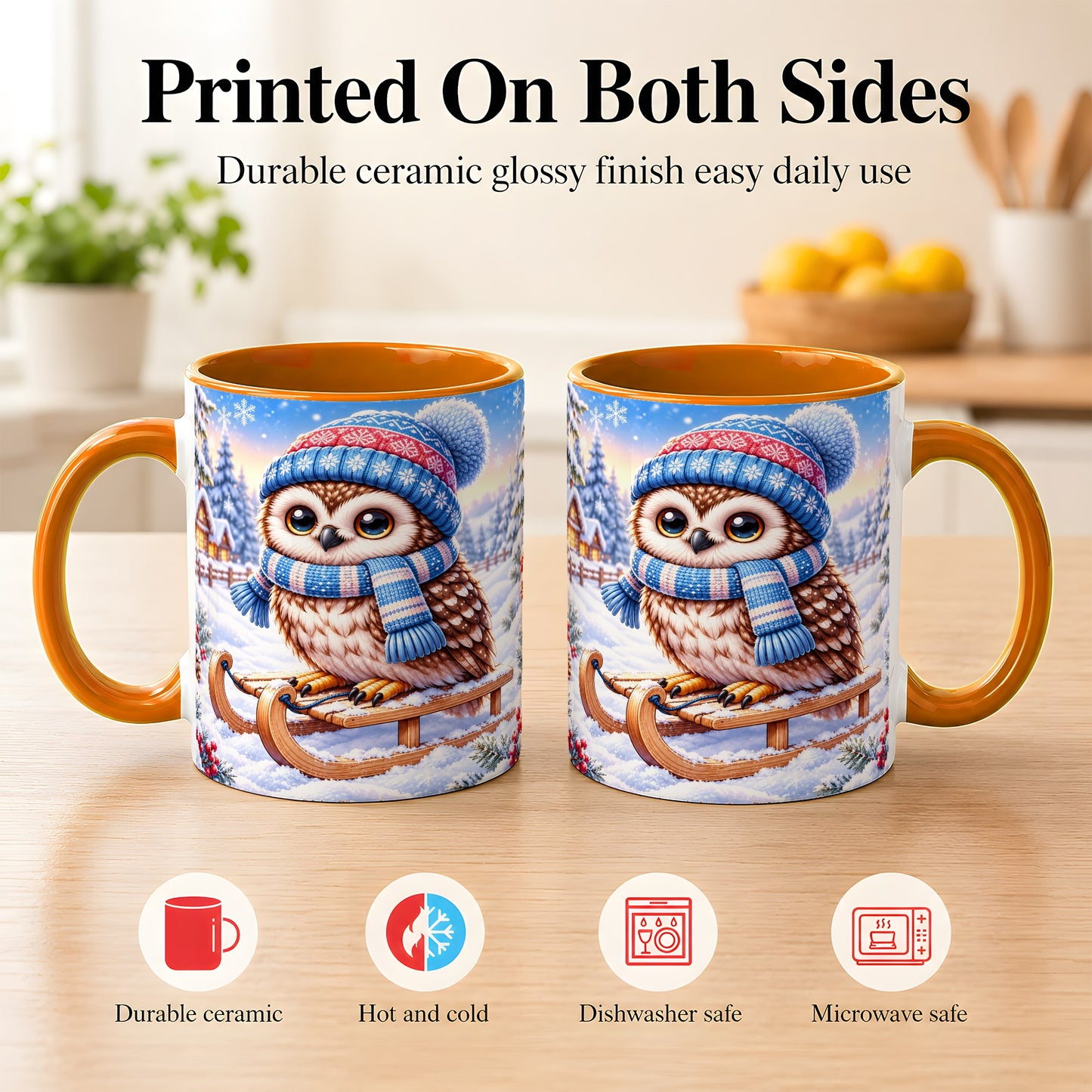#pl[11oz|Orange] Winter Owl Coffee Mug, Cozy Sled Owl Mug, Ceramic Cup