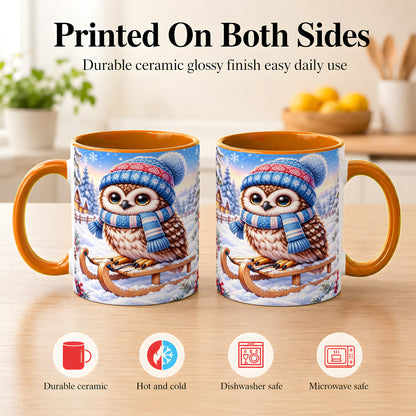 #pl[11oz|Orange] Winter Owl Coffee Mug, Cozy Sled Owl Mug, Ceramic Cup