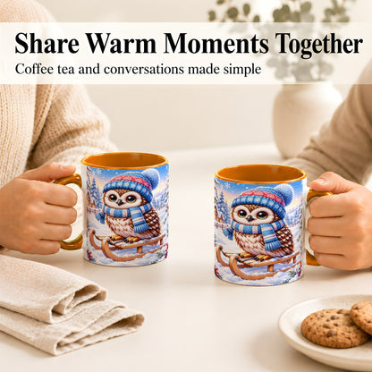 #pl[11oz|Orange] Winter Owl Coffee Mug, Cozy Sled Owl Mug, Ceramic Cup
