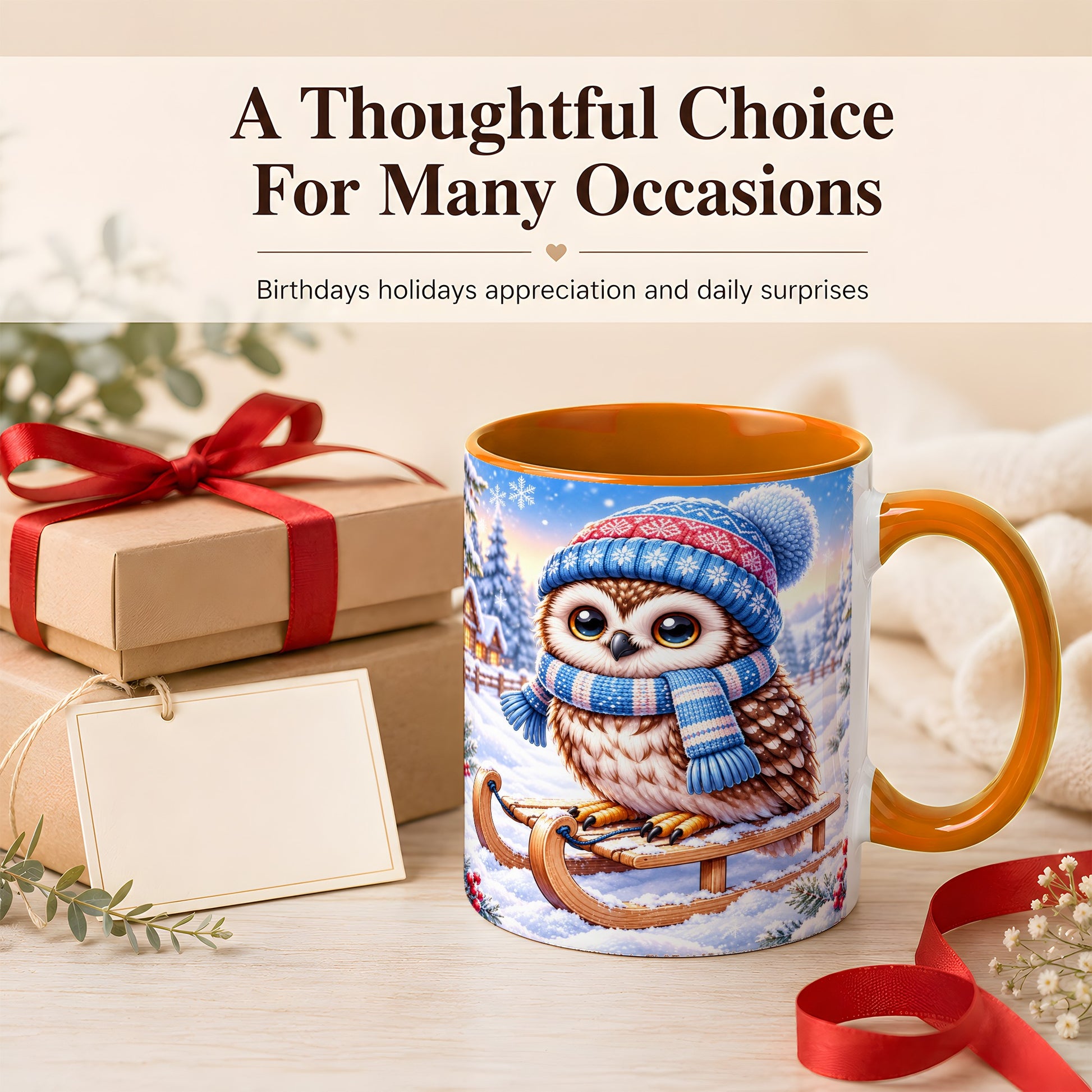 #pl[11oz|Orange] Winter Owl Coffee Mug, Cozy Sled Owl Mug, Ceramic Cup