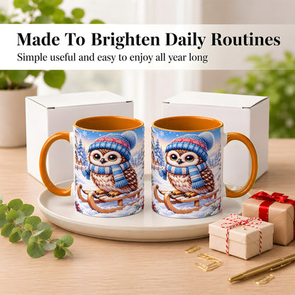#pl[11oz|Orange] Winter Owl Coffee Mug, Cozy Sled Owl Mug, Ceramic Cup