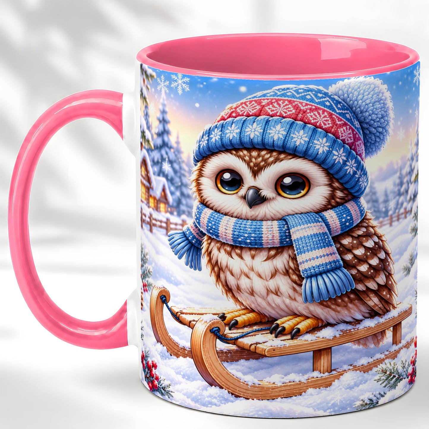 #pl[11oz|Pink] Winter Owl Coffee Mug, Cozy Sled Owl Mug, Ceramic Cup