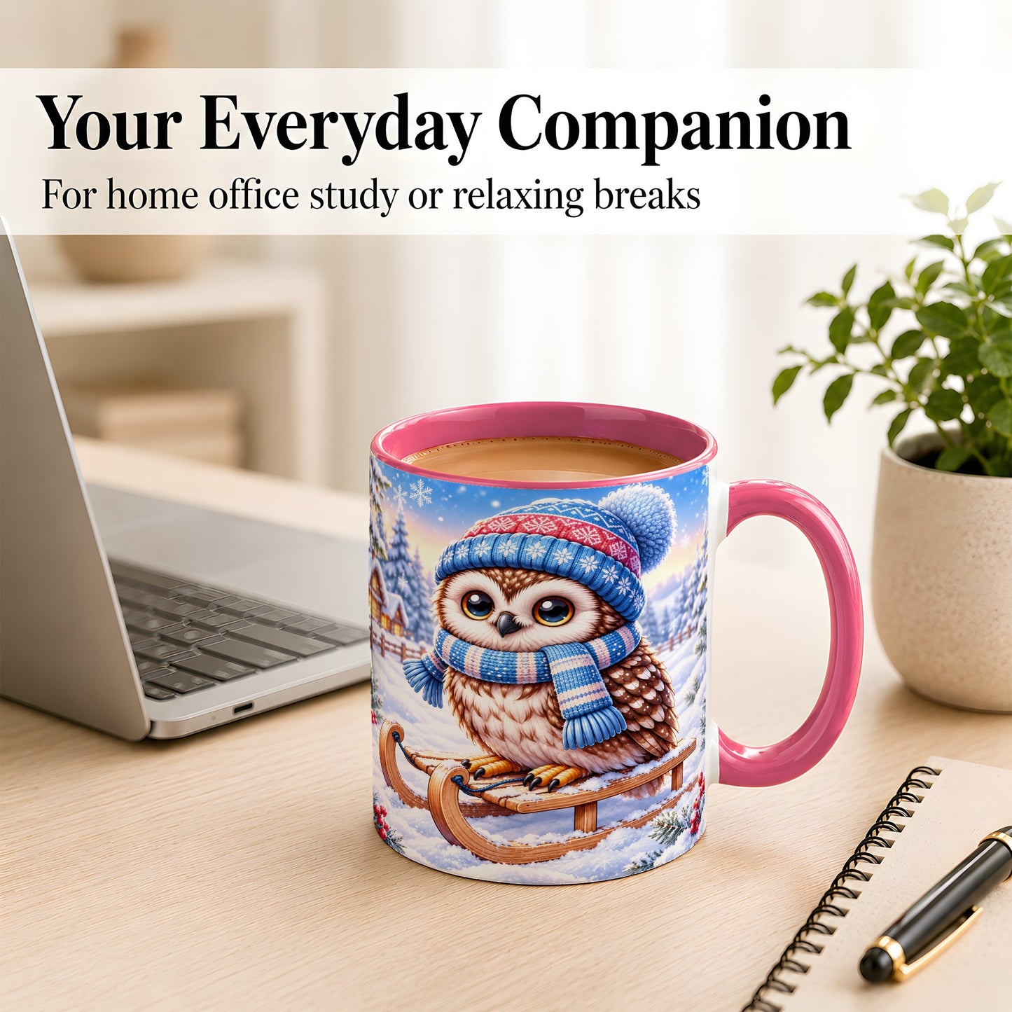 #pl[11oz|Pink] Winter Owl Coffee Mug, Cozy Sled Owl Mug, Ceramic Cup