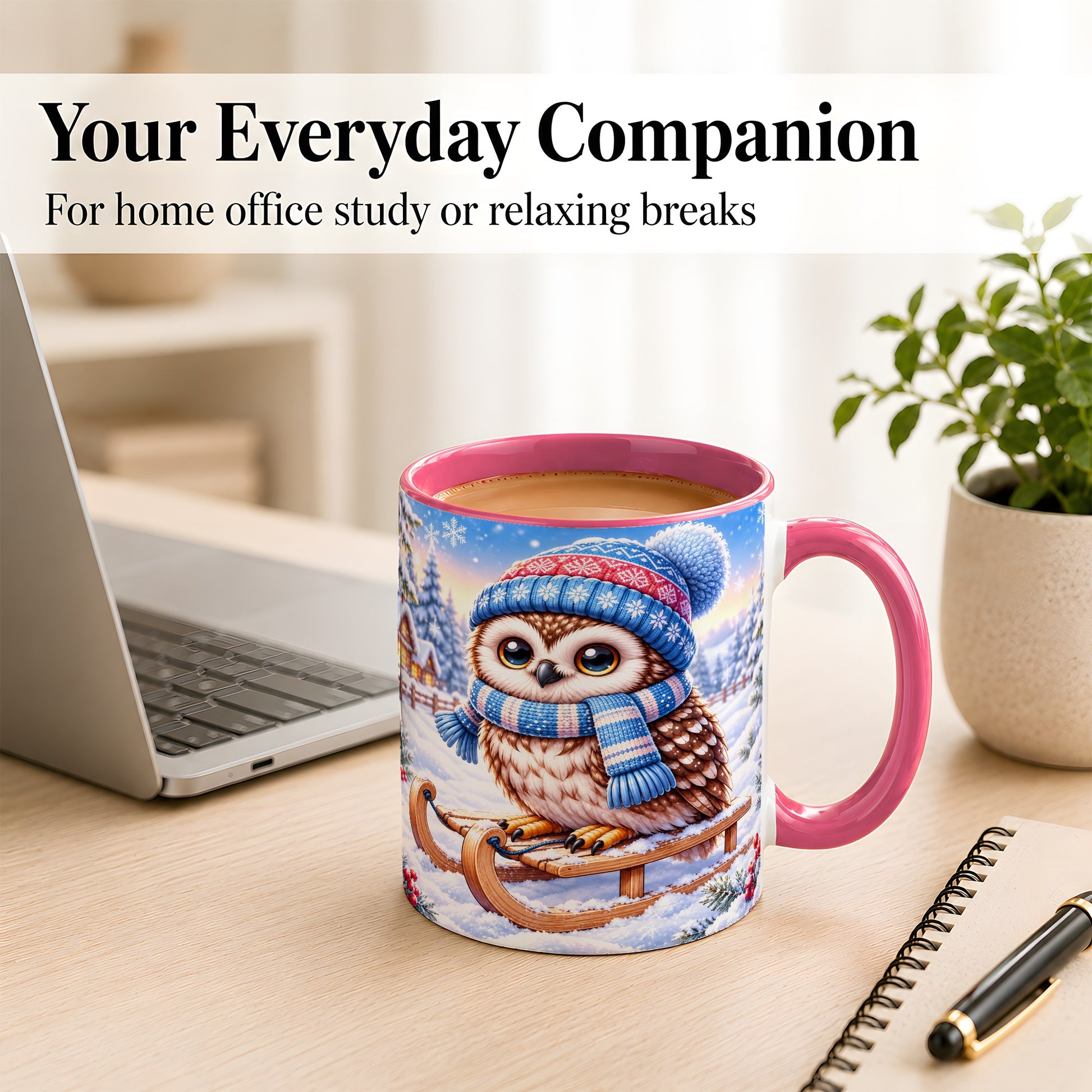 #pl[11oz|Pink] Winter Owl Coffee Mug, Cozy Sled Owl Mug, Ceramic Cup