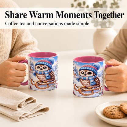 #pl[11oz|Pink] Winter Owl Coffee Mug, Cozy Sled Owl Mug, Ceramic Cup