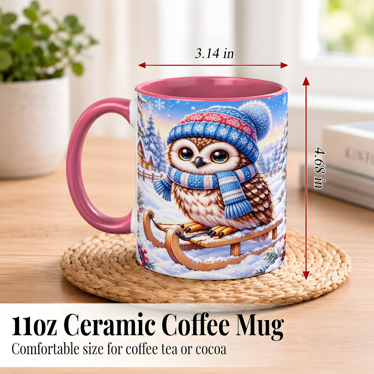#pl[11oz|Pink] Winter Owl Coffee Mug, Cozy Sled Owl Mug, Ceramic Cup