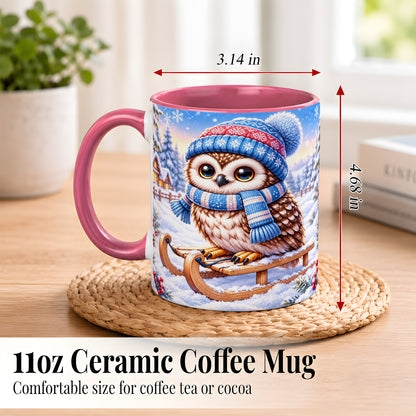#pl[11oz|Pink] Winter Owl Coffee Mug, Cozy Sled Owl Mug, Ceramic Cup