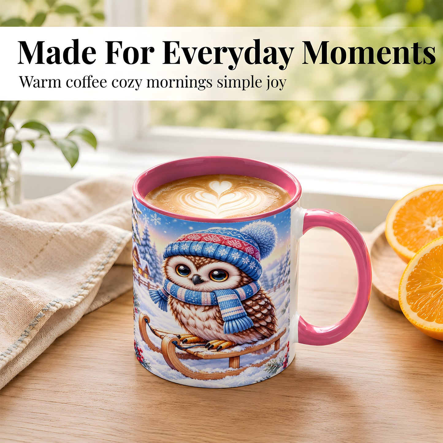 #pl[11oz|Pink] Winter Owl Coffee Mug, Cozy Sled Owl Mug, Ceramic Cup