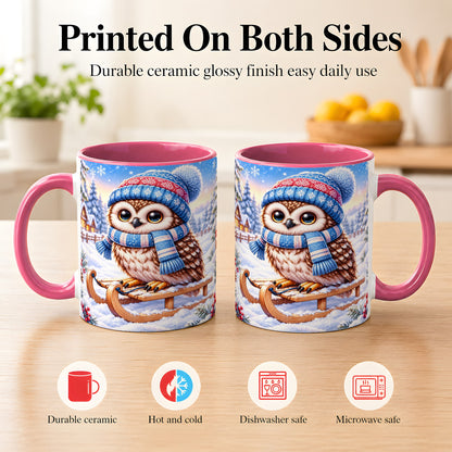 #pl[11oz|Pink] Winter Owl Coffee Mug, Cozy Sled Owl Mug, Ceramic Cup
