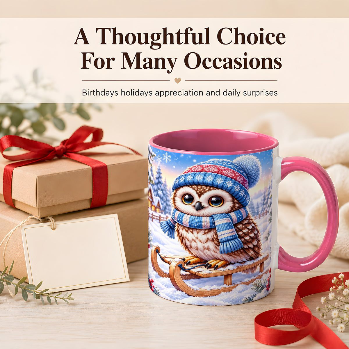 #pl[11oz|Pink] Winter Owl Coffee Mug, Cozy Sled Owl Mug, Ceramic Cup