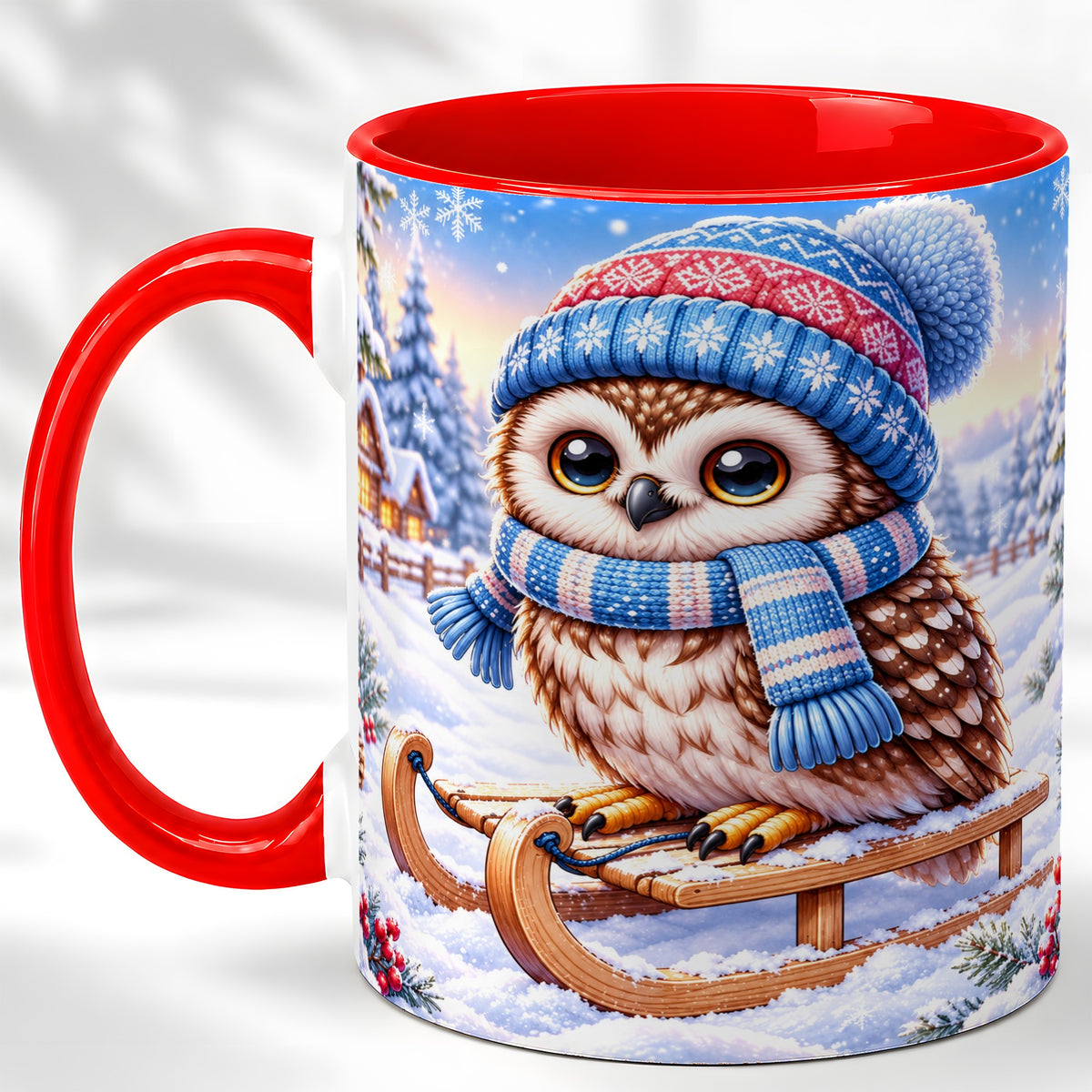 Winter Owl Coffee Mug, Cozy Sled Owl Mug, Ceramic Cup