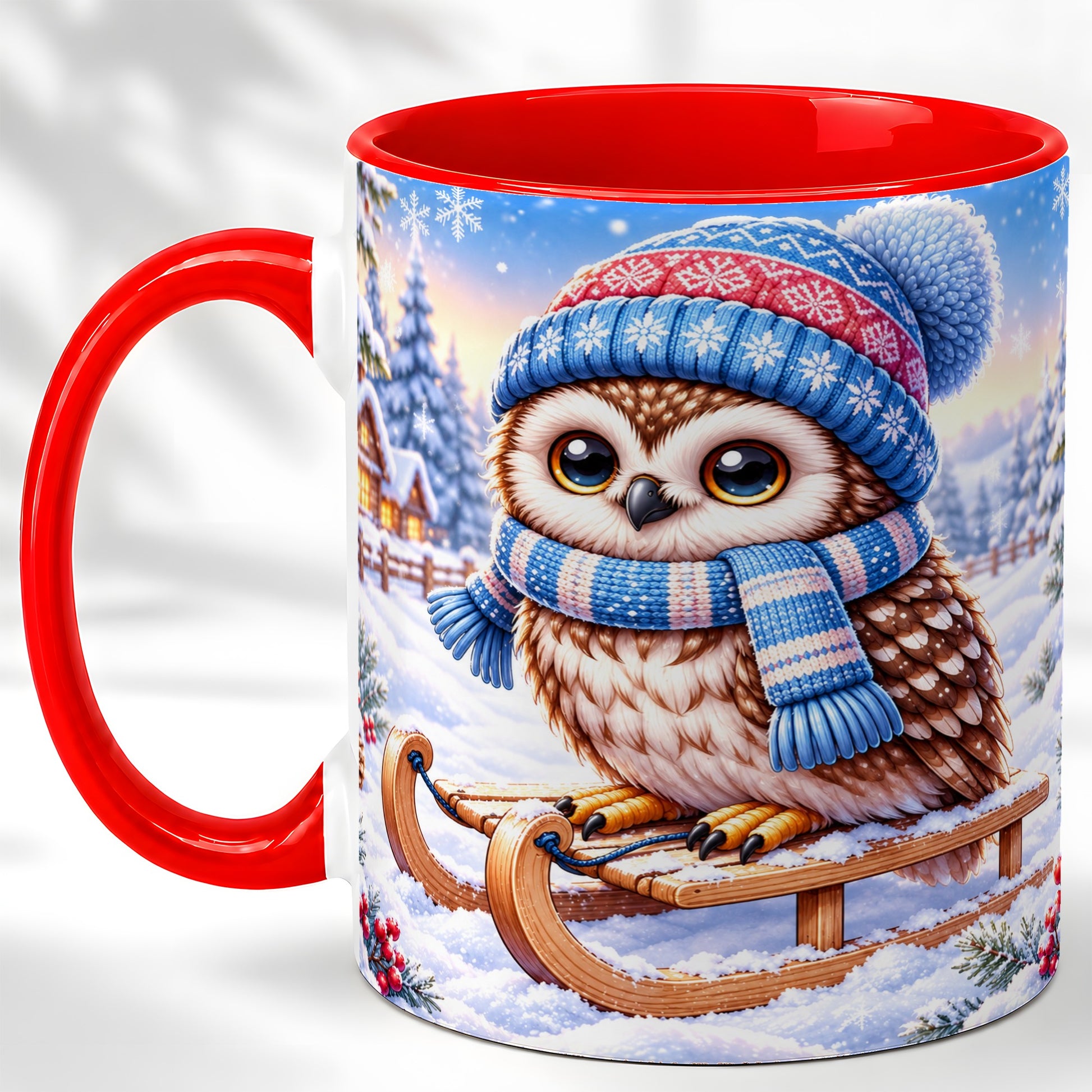 Winter Owl Coffee Mug, Cozy Sled Owl Mug, Ceramic Cup