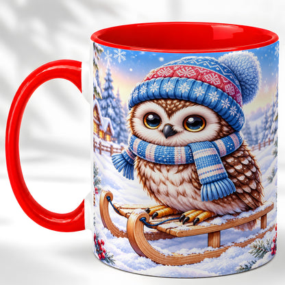 Winter Owl Coffee Mug, Cozy Sled Owl Mug, Ceramic Cup