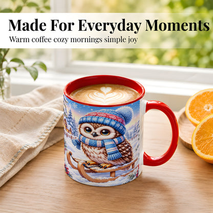 #pl[11oz|Red] Winter Owl Coffee Mug, Cozy Sled Owl Mug, Ceramic Cup