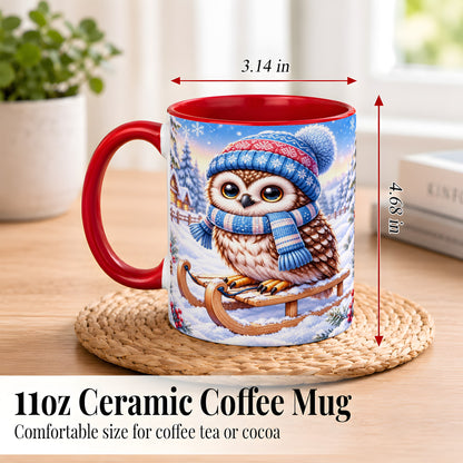 #pl[11oz|Red] Winter Owl Coffee Mug, Cozy Sled Owl Mug, Ceramic Cup