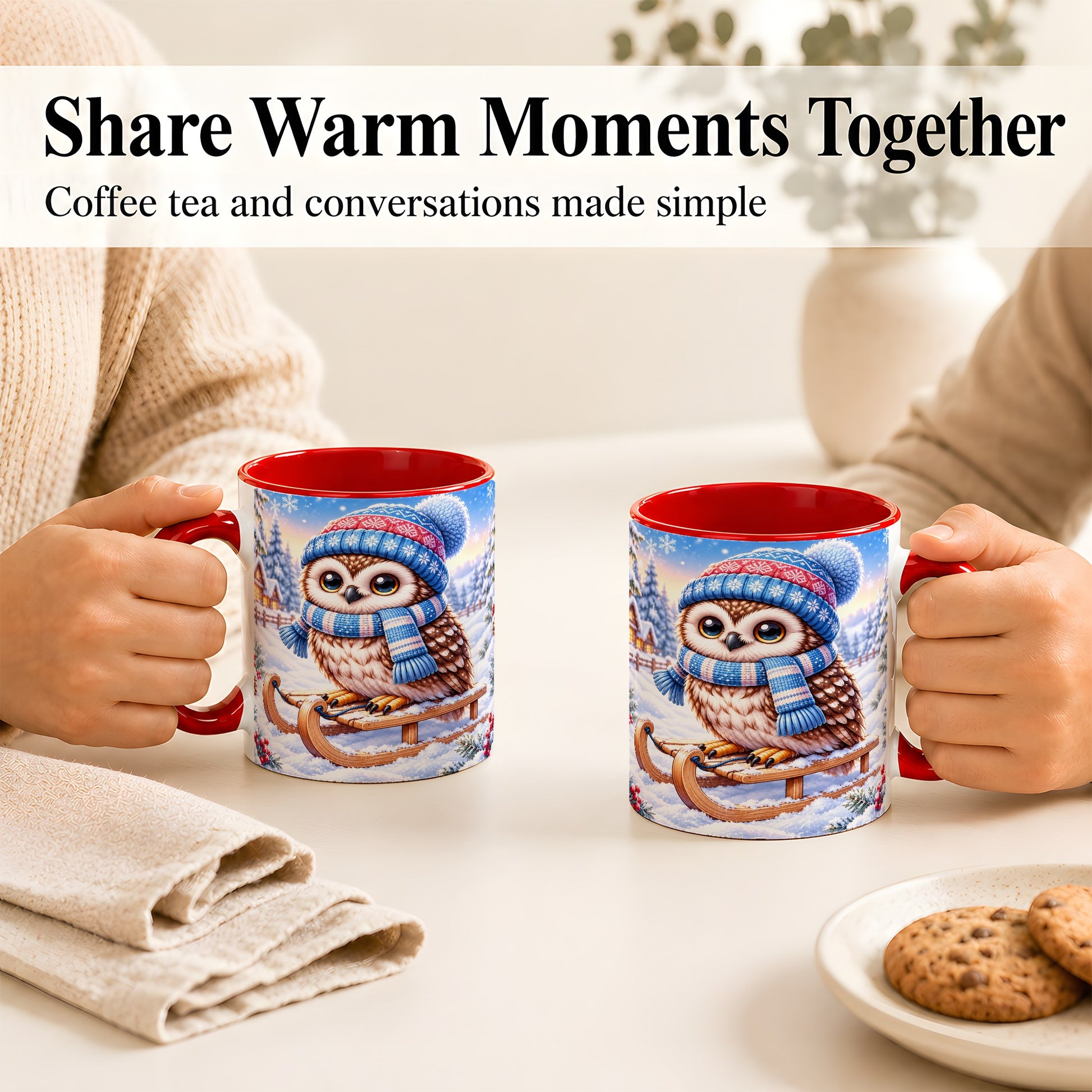 #pl[11oz|Red] Winter Owl Coffee Mug, Cozy Sled Owl Mug, Ceramic Cup