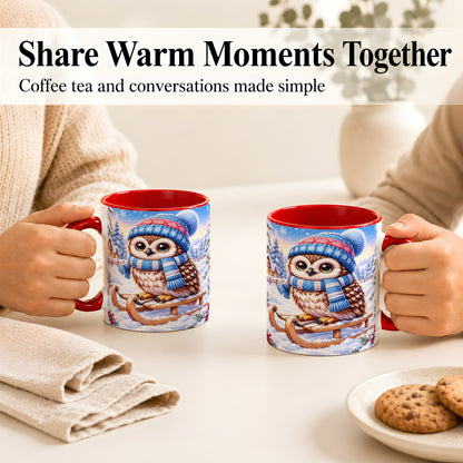 #pl[11oz|Red] Winter Owl Coffee Mug, Cozy Sled Owl Mug, Ceramic Cup