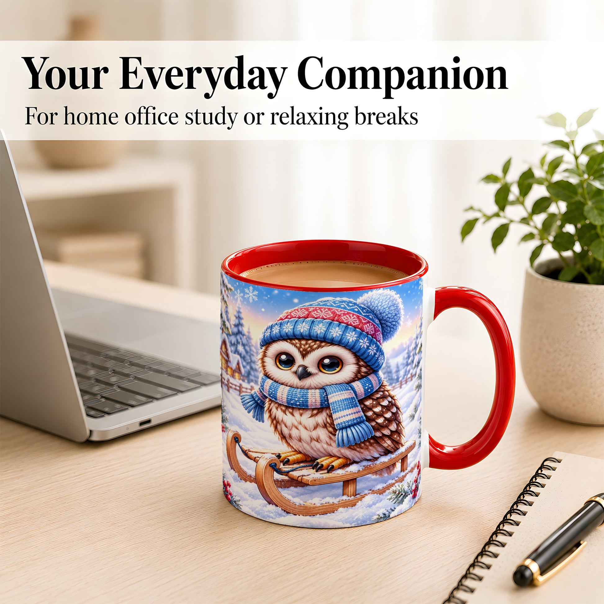#pl[11oz|Red] Winter Owl Coffee Mug, Cozy Sled Owl Mug, Ceramic Cup