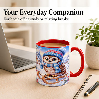 #pl[11oz|Red] Winter Owl Coffee Mug, Cozy Sled Owl Mug, Ceramic Cup