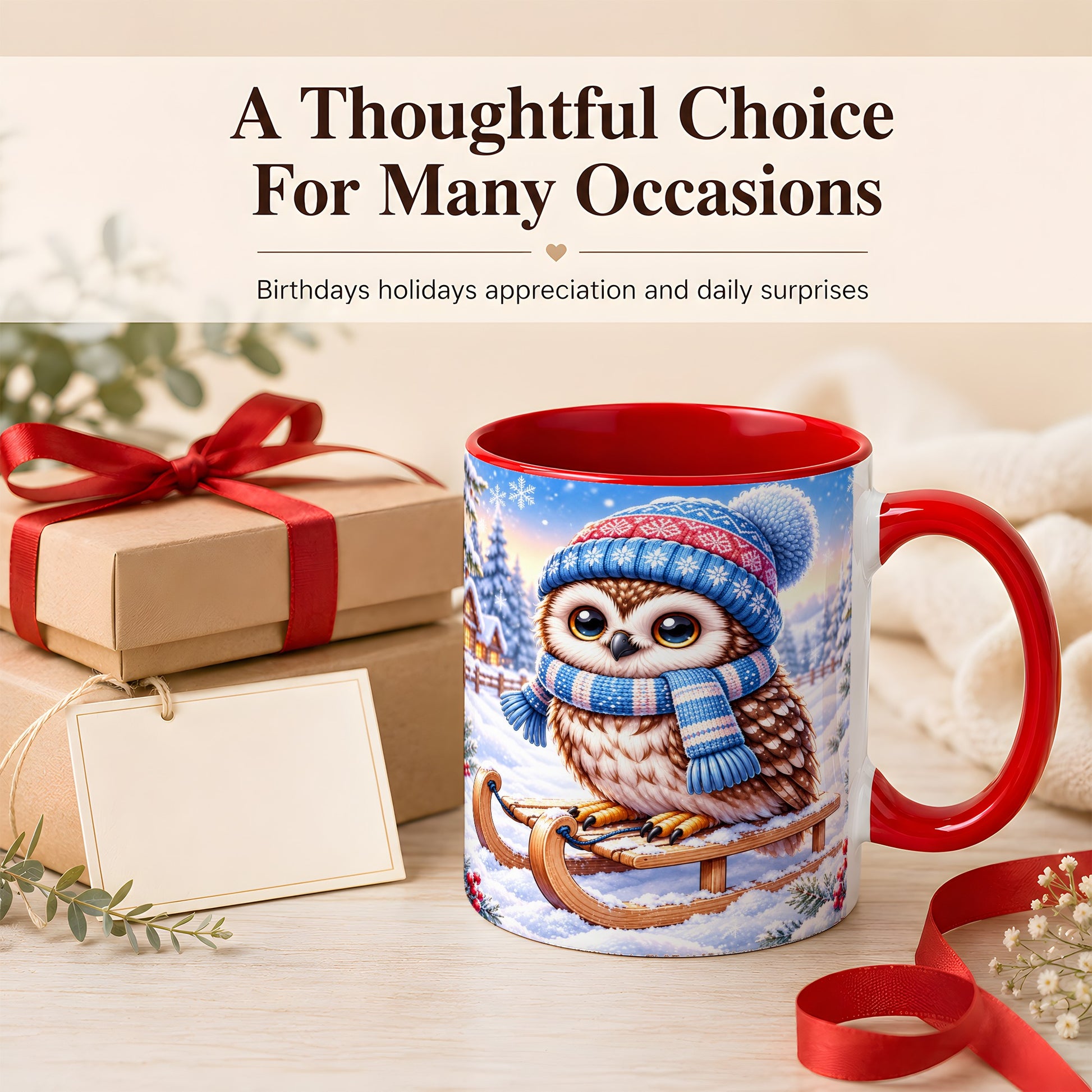 #pl[11oz|Red] Winter Owl Coffee Mug, Cozy Sled Owl Mug, Ceramic Cup