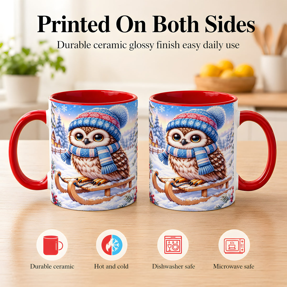 #pl[11oz|Red] Winter Owl Coffee Mug, Cozy Sled Owl Mug, Ceramic Cup
