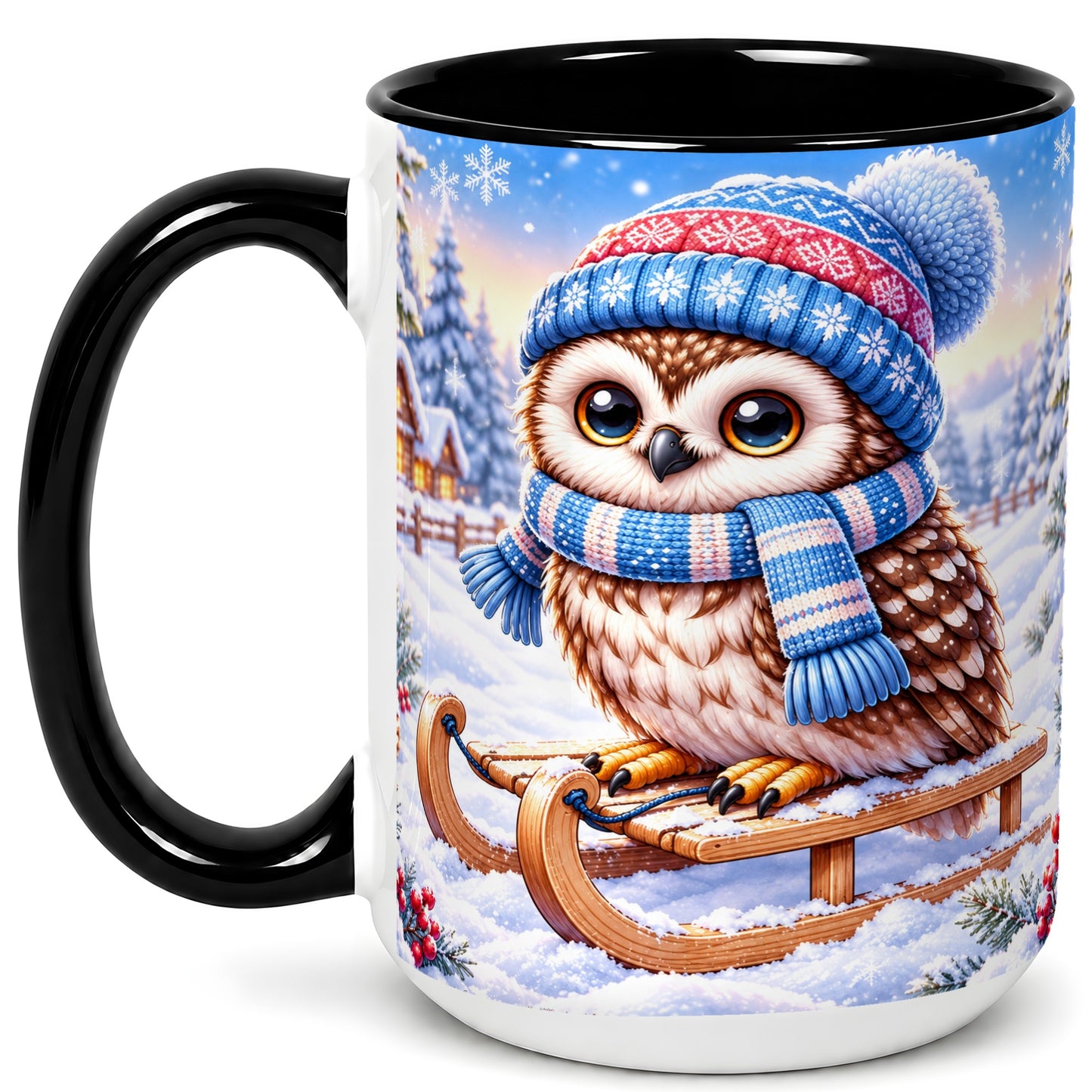 #pl[15oz|Black] Winter Owl Coffee Mug, Cozy Sled Owl Mug, Ceramic Cup