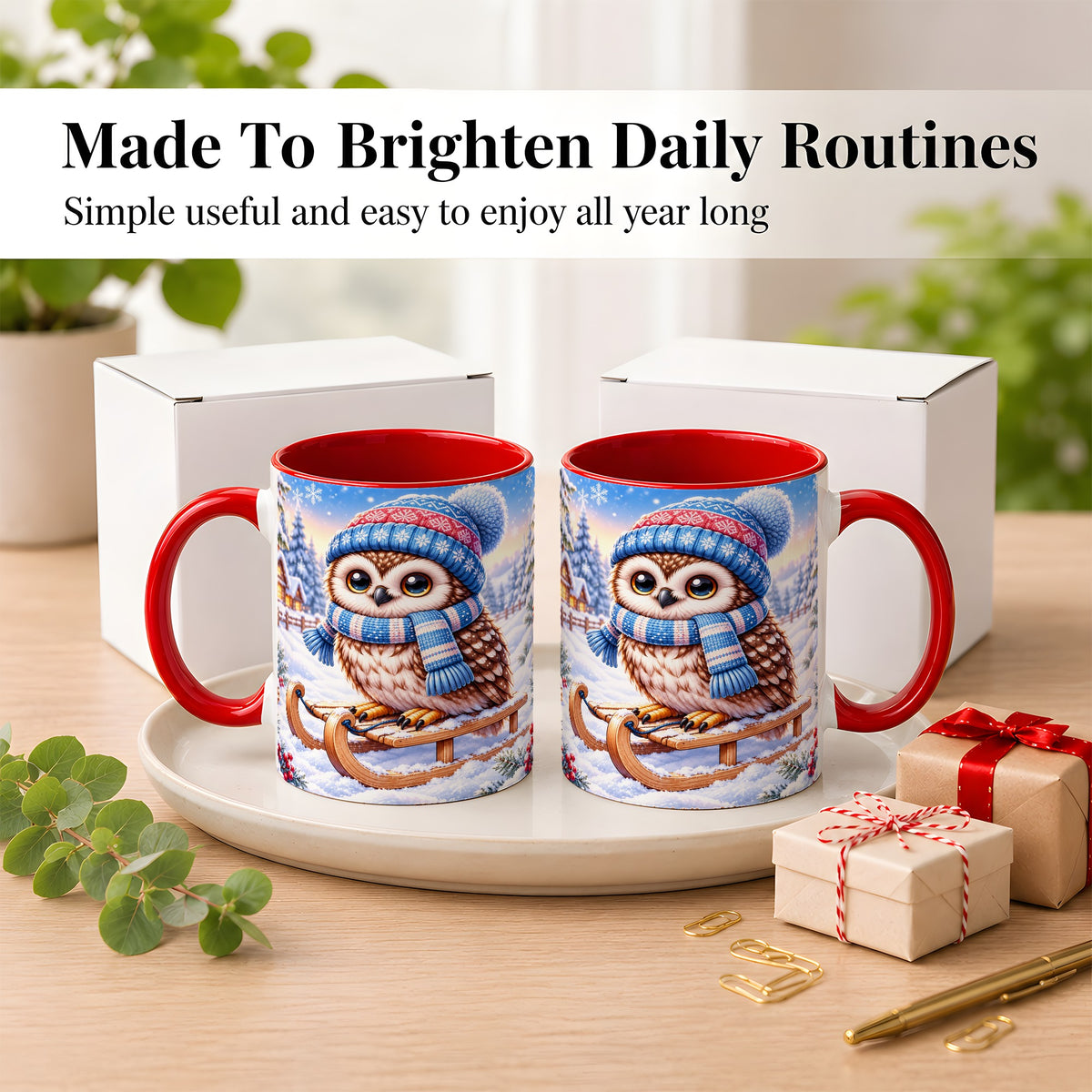 #pl[11oz|Red] Winter Owl Coffee Mug, Cozy Sled Owl Mug, Ceramic Cup