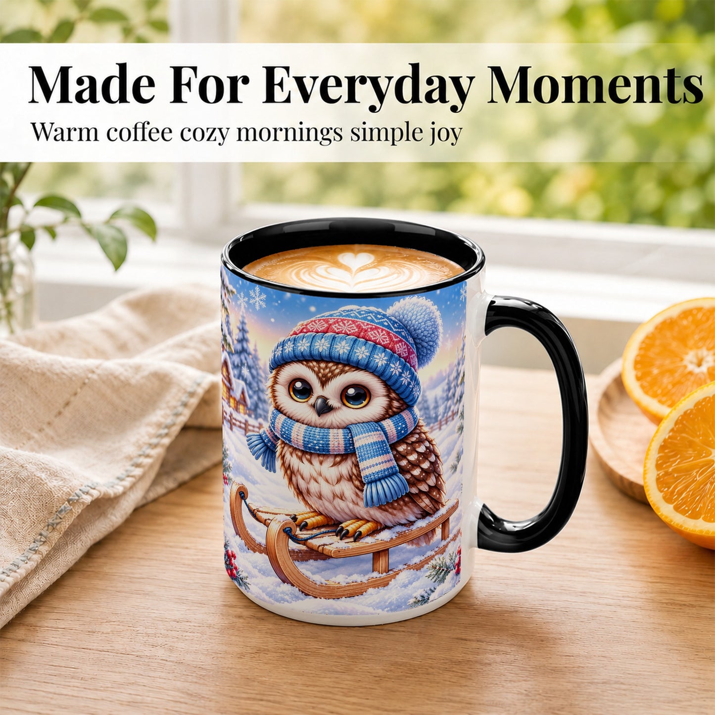 #pl[15oz|Black] Winter Owl Coffee Mug, Cozy Sled Owl Mug, Ceramic Cup
