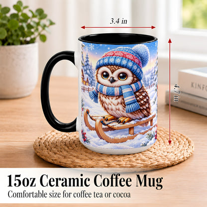 #pl[15oz|Black] Winter Owl Coffee Mug, Cozy Sled Owl Mug, Ceramic Cup