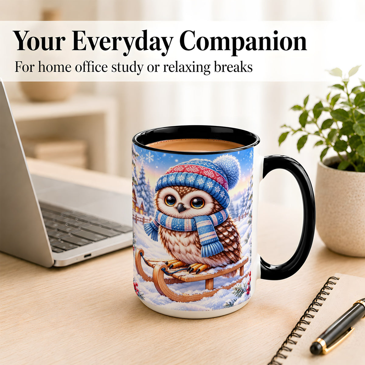 #pl[15oz|Black] Winter Owl Coffee Mug, Cozy Sled Owl Mug, Ceramic Cup