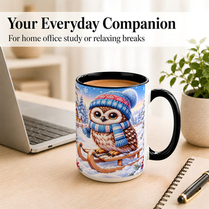 #pl[15oz|Black] Winter Owl Coffee Mug, Cozy Sled Owl Mug, Ceramic Cup