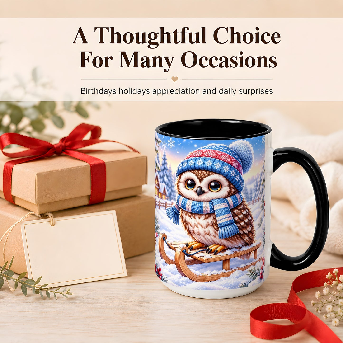 #pl[15oz|Black] Winter Owl Coffee Mug, Cozy Sled Owl Mug, Ceramic Cup