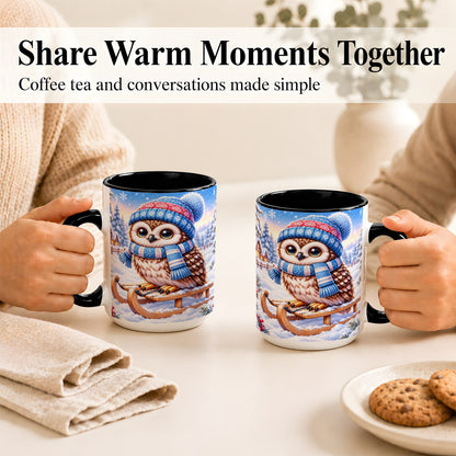 #pl[15oz|Black] Winter Owl Coffee Mug, Cozy Sled Owl Mug, Ceramic Cup